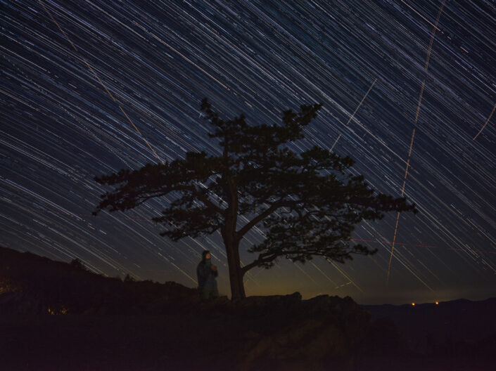 self portrait with lone pine tree at night, showing star trails in the sky.